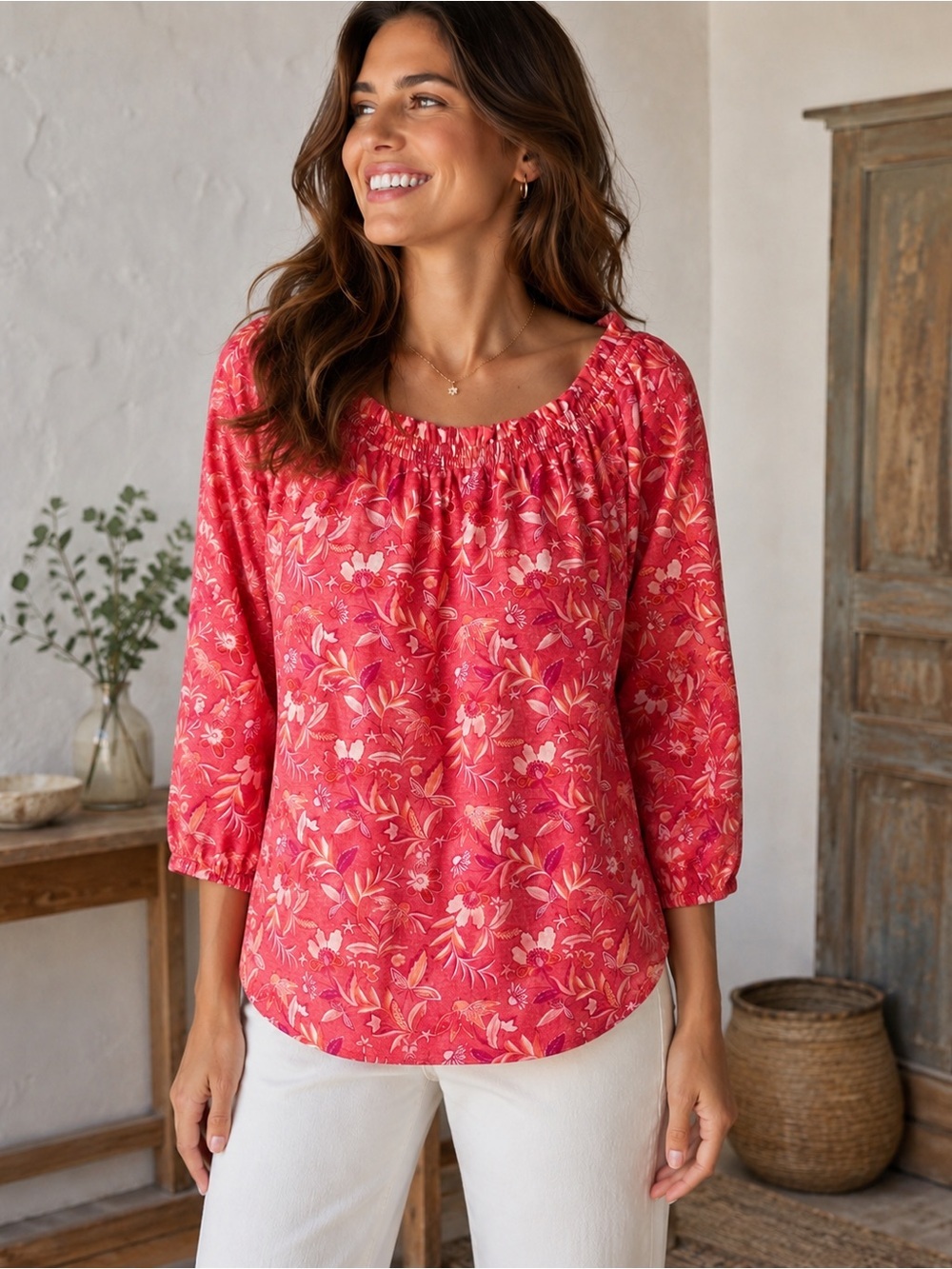 J. Jill NWT Pink Orange Floral 3/4 Sleeve Boatneck Tunic Top Size Medium Tall